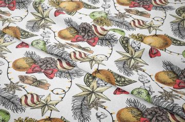 Yılbaşı Koleksiyonu- Winter Wonder Collection,Yılbaşı Beyaz Zemin Üzerine. Rengarenk Yılbaşı Süsü Topları, Renkli Kozalaklar, Kırmızı Kurdeleler, Karanfiller, Büyük Yıldızlar, Limon Desenli Kumaş