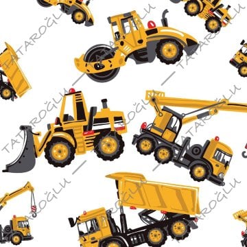 Beyaz Zeminde Oyuncak İş Makineleri Desenli Kumaş