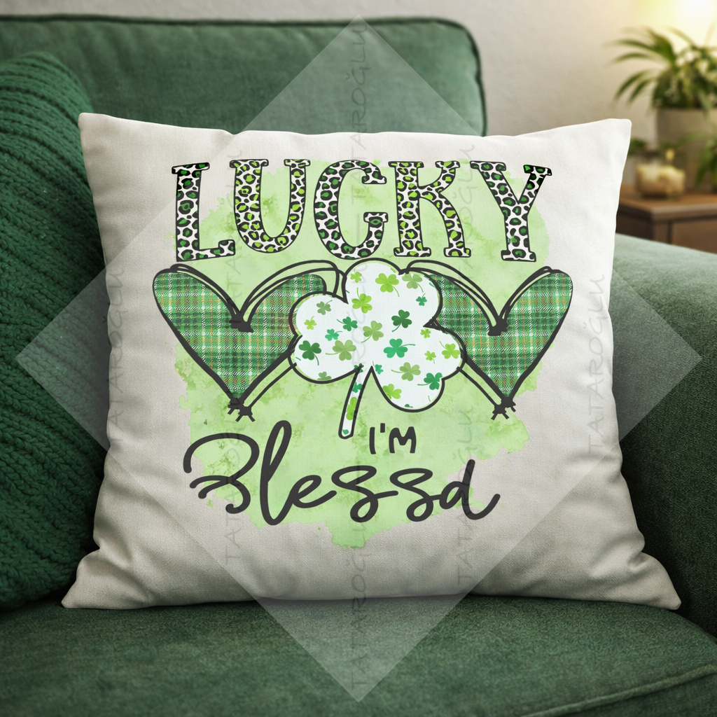 Lucky I’m Blessed 45x45 2’li Kırlent Paneli | St. Patrick Yonca Polyester Kumaş