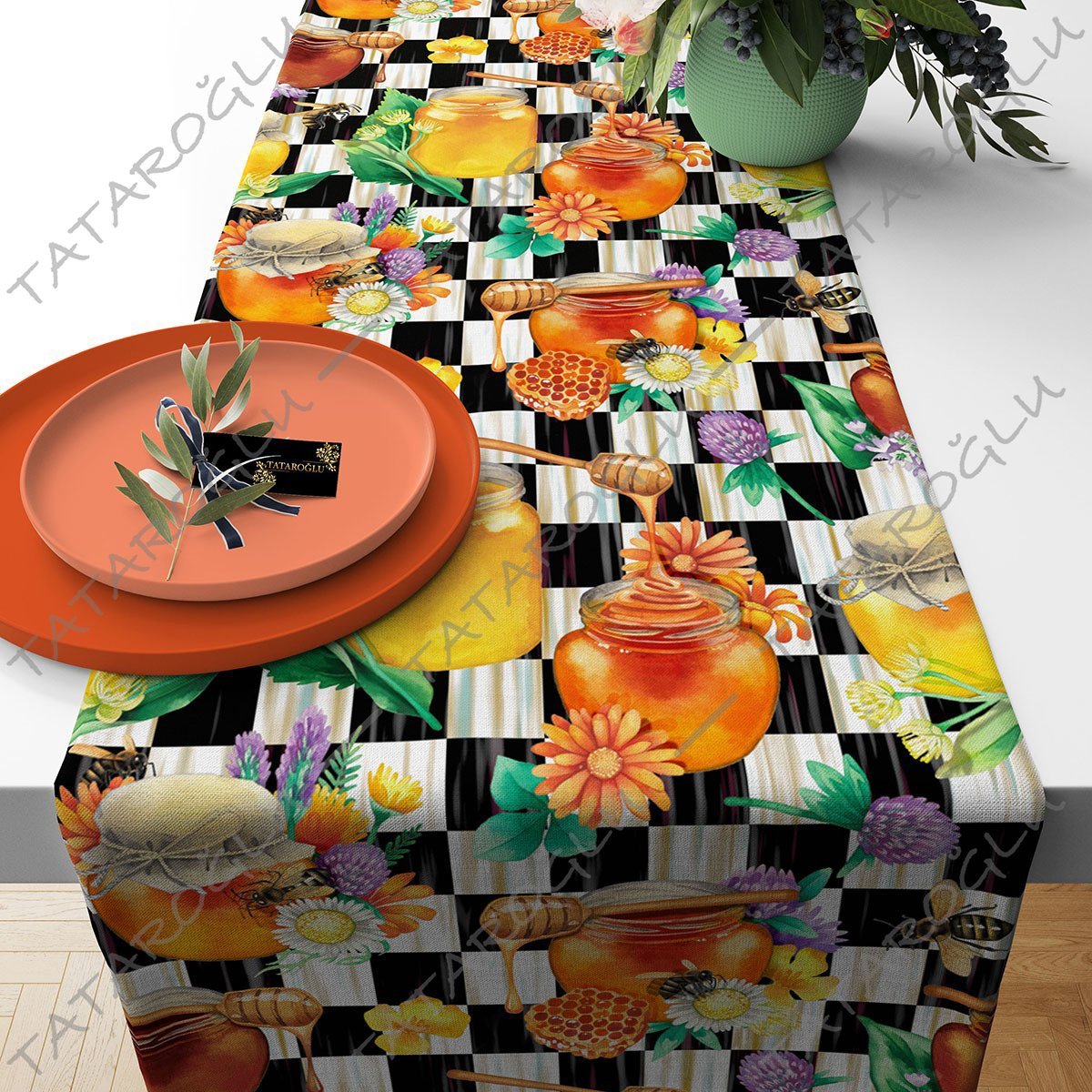 50 cm Runner Black and White Square Effect Background with Honey Jar Pattern Fabric (FALL SALE)