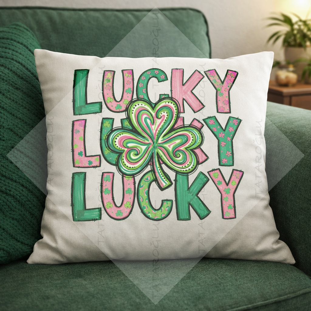 Lucky Lucky Lucky 45x45 2’li Kırlent Paneli | St. Patrick Renkli Polyester Kumaş