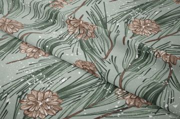 Yılbaşı Koleksiyonu- Winter Wonder Collection,Yılbaşı Pastel Yeşil Zemin Üzerine Koyu Yeşil Çam Ağacı Dallaı Desenli, Kahverengi Kozalaklar, Beyaz Sulu Boya Darbesi Figürlü Kumaş