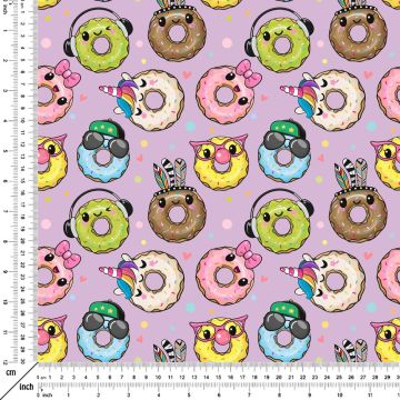 Pembe Zeminli Sevimli Donut Desenli Dijital Baskılı Kumaş(SONBAHAR İNDİRİMİ)