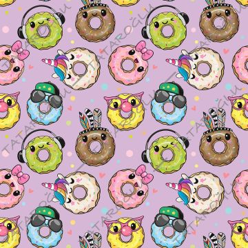 Pembe Zeminli Sevimli Donut Desenli Dijital Baskılı Kumaş(SONBAHAR İNDİRİMİ)