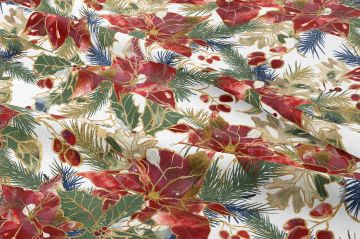 Yılbaşı Koleksiyonu- Winter Wonder Collection,Yılbaşı Beyaz Zemin Üzerine Kırmızı Yılbaşı Çiçekleri, Mavi Tüyler, Yeşil Yapraklar, Kırmızı Yılbaşı Tomurcukları Desenli Kumaş