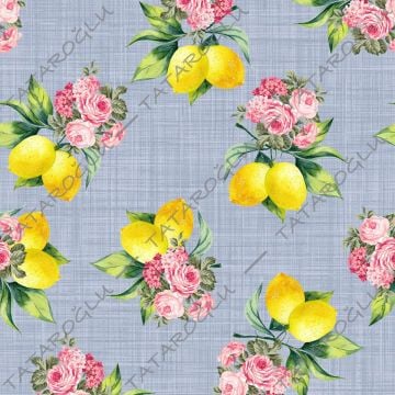 Limon Serisi-Lila Keten Efektli Zemin Üzerine Pembe Çiçekli Limon Desenli Kumaş(SONBAHAR İNDİRİMİ)