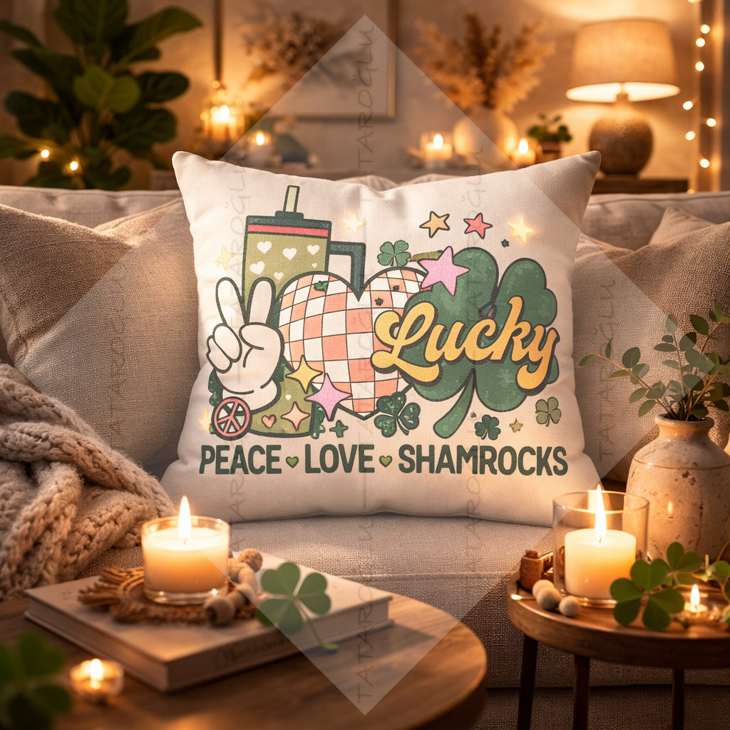 Peace Love Shamrocks 45x45 2’li Kırlent Paneli | St. Patrick Lucky Polyester Kumaş