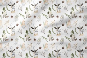 Winter Wonder Collection, Yılbaşı Beyaz Zemin Üzerine Renkli Elf Desenleri, Noel Cüceleri, Çalılar Desenli Kumaş(SONBAHAR İNDİRİMİ)