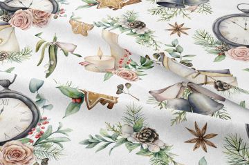 Yılbaşı Koleksiyonu- Winter Wonder Collection, Yılbaşı Beyaz Zemin Üzerine Vintage Saat, Gri Çanlar, Renkli Eğlenceli Mumlar, Kar Tanesi Desenli Yılbaşı Kurabiyesi, Renkli Çiçekler ve Kozalaklar, Yılbaşı Tomurcuğu Desenli Kumaş