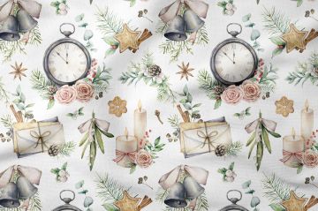 Yılbaşı Koleksiyonu- Winter Wonder Collection, Yılbaşı Beyaz Zemin Üzerine Vintage Saat, Gri Çanlar, Renkli Eğlenceli Mumlar, Kar Tanesi Desenli Yılbaşı Kurabiyesi, Renkli Çiçekler ve Kozalaklar, Yılbaşı Tomurcuğu Desenli Kumaş