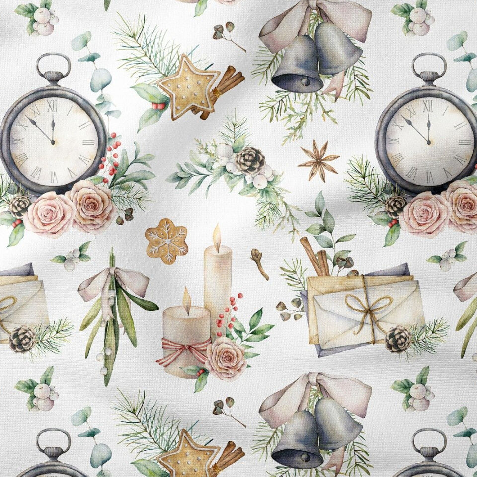 Yılbaşı Koleksiyonu- Winter Wonder Collection, Yılbaşı Beyaz Zemin Üzerine Vintage Saat, Gri Çanlar, Renkli Eğlenceli Mumlar, Kar Tanesi Desenli Yılbaşı Kurabiyesi, Renkli Çiçekler ve Kozalaklar, Yılbaşı Tomurcuğu Desenli Kumaş