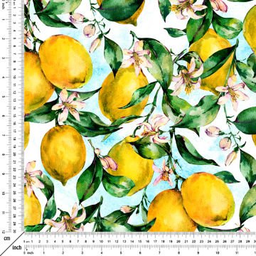 Limon Serisi-Mavi Beyaz Zeminli Suluboya Limon Desenli Kumaş