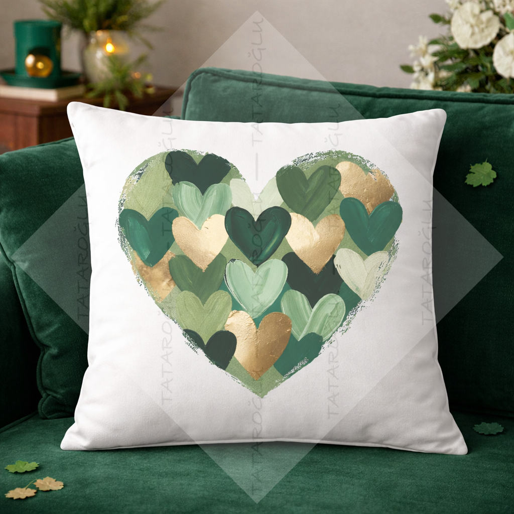 Yeşil Altın Kalp 45x45 2’li Kırlent Paneli | St. Patrick Dekoratif Polyester Kumaş