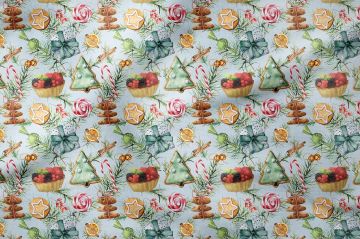 Yılbaşı Koleksiyonu- Winter Wonder Collection,Yılbaşı Yeşil Zemin Üzerine Yılbaşı Kurabiyeleri, Renkli Meyveli Cupcakeler, Yeşil Hediye Paketleri, Zencefilli Portakallar, Kırmızı Yılbaşı Şekerlemeleri ve Yılbaşı Süsü Figürlü Kumaş