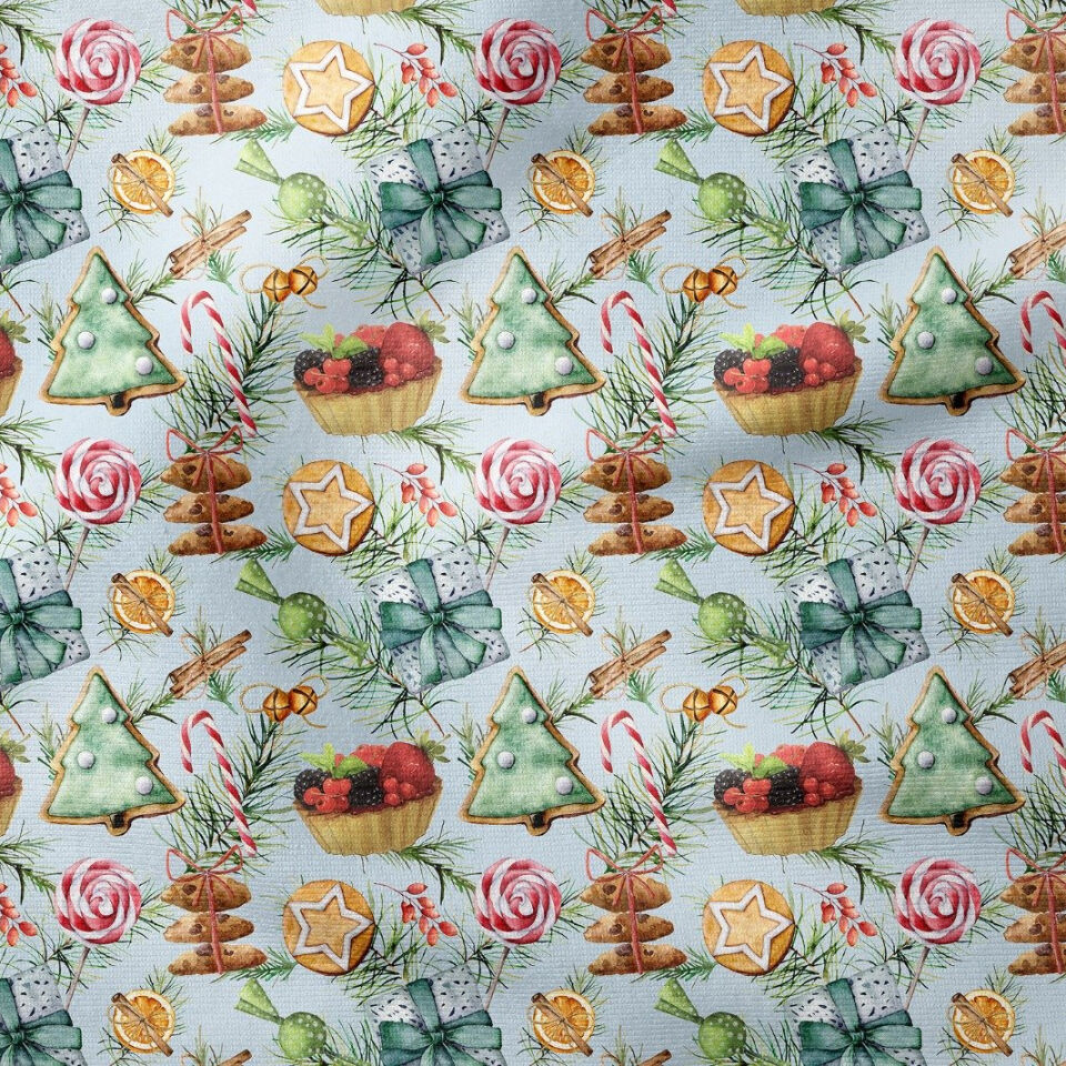 Yılbaşı Koleksiyonu- Winter Wonder Collection,Yılbaşı Yeşil Zemin Üzerine Yılbaşı Kurabiyeleri, Renkli Meyveli Cupcakeler, Yeşil Hediye Paketleri, Zencefilli Portakallar, Kırmızı Yılbaşı Şekerlemeleri ve Yılbaşı Süsü Figürlü Kumaş