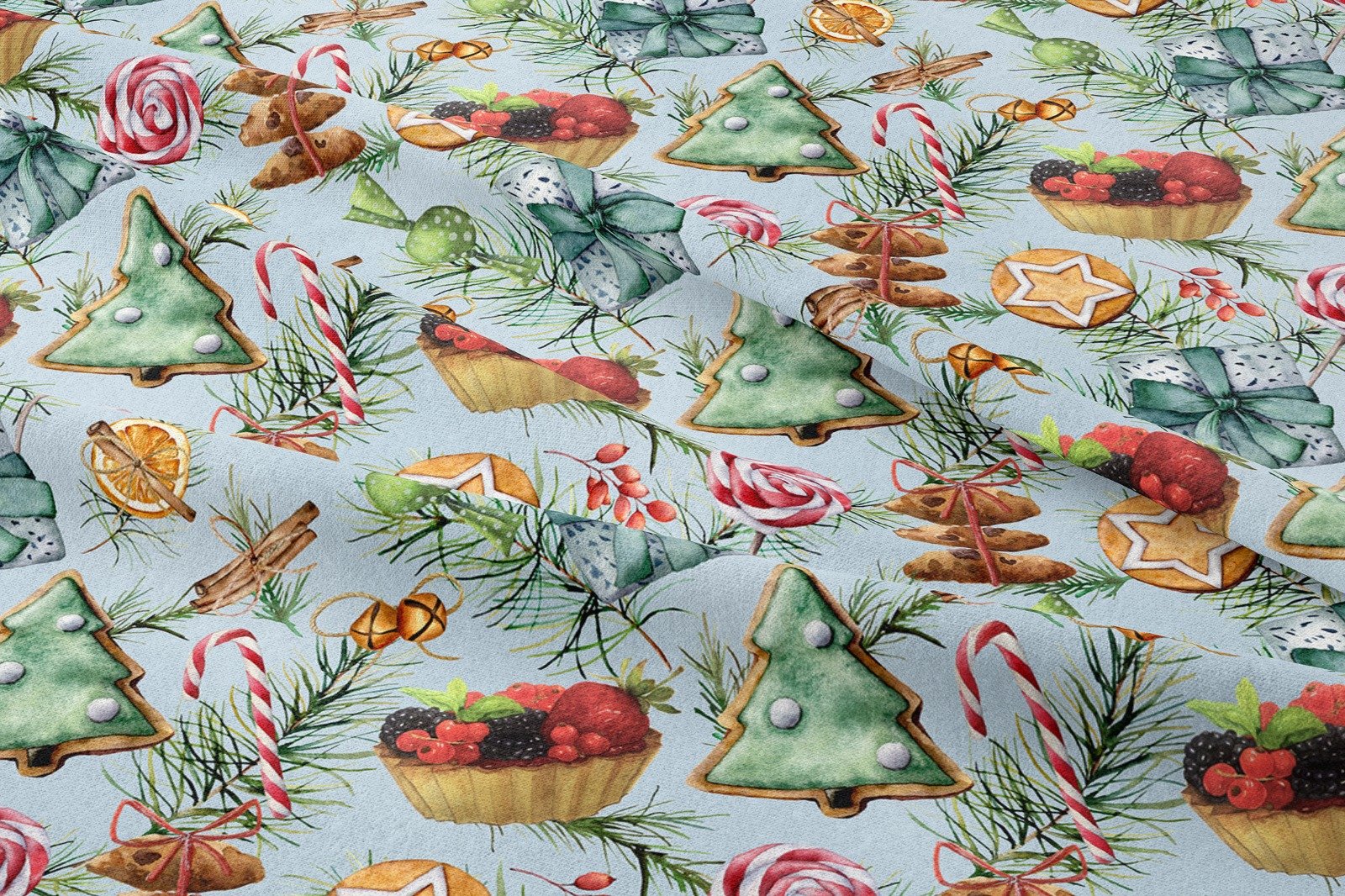 Yılbaşı Koleksiyonu- Winter Wonder Collection,Yılbaşı Yeşil Zemin Üzerine Yılbaşı Kurabiyeleri, Renkli Meyveli Cupcakeler, Yeşil Hediye Paketleri, Zencefilli Portakallar, Kırmızı Yılbaşı Şekerlemeleri ve Yılbaşı Süsü Figürlü Kumaş
