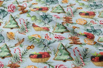 Yılbaşı Koleksiyonu- Winter Wonder Collection,Yılbaşı Yeşil Zemin Üzerine Yılbaşı Kurabiyeleri, Renkli Meyveli Cupcakeler, Yeşil Hediye Paketleri, Zencefilli Portakallar, Kırmızı Yılbaşı Şekerlemeleri ve Yılbaşı Süsü Figürlü Kumaş