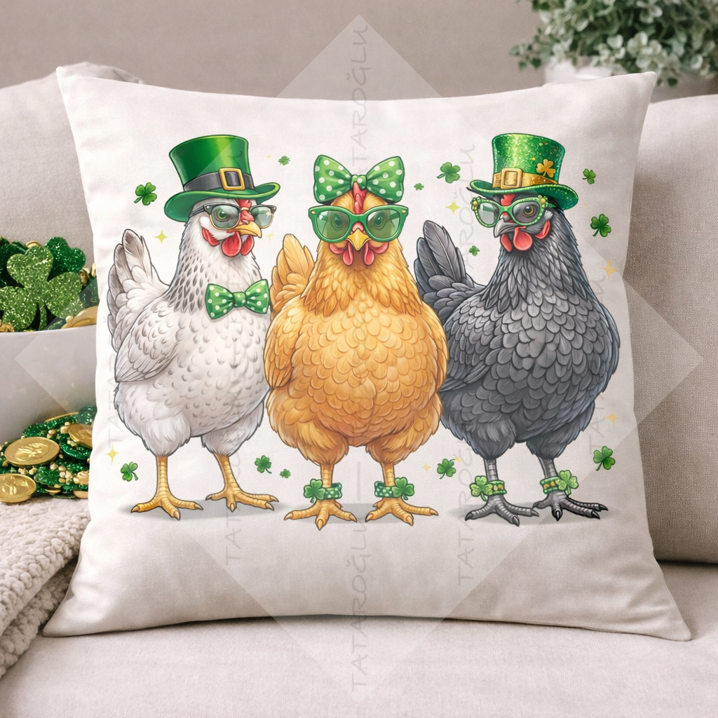 St. Patrick Lucky Tavuklar 45x45 2’li Kırlent Paneli | Dekoratif Polyester Kumaş