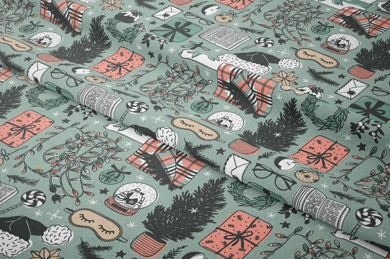 Yılbaşı Koleksiyonu- Winter Wonder Collection, Yılbaşı Koyu Yeşil Zemin Üzerine Renkli, Ekoseli Battaniyeler, Kar Küreleri, Renkli Göz Bantları, Siyah Beyaz Şekerlemeler, Nostaljik Defterler, Yılbaşı Süs Motiflerinden Kumaş
