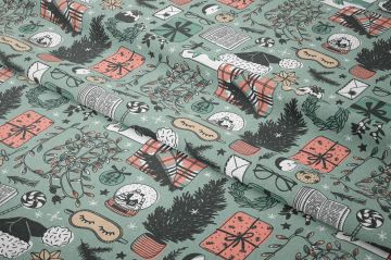 Yılbaşı Koleksiyonu- Winter Wonder Collection, Yılbaşı Koyu Yeşil Zemin Üzerine Renkli, Ekoseli Battaniyeler, Kar Küreleri, Renkli Göz Bantları, Siyah Beyaz Şekerlemeler, Nostaljik Defterler, Yılbaşı Süs Motiflerinden Kumaş