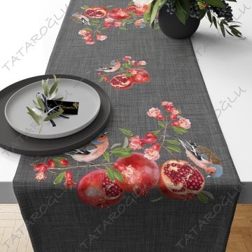 50 cm Runner with Pomegranate and Bird Fabric on Linen Effect Background