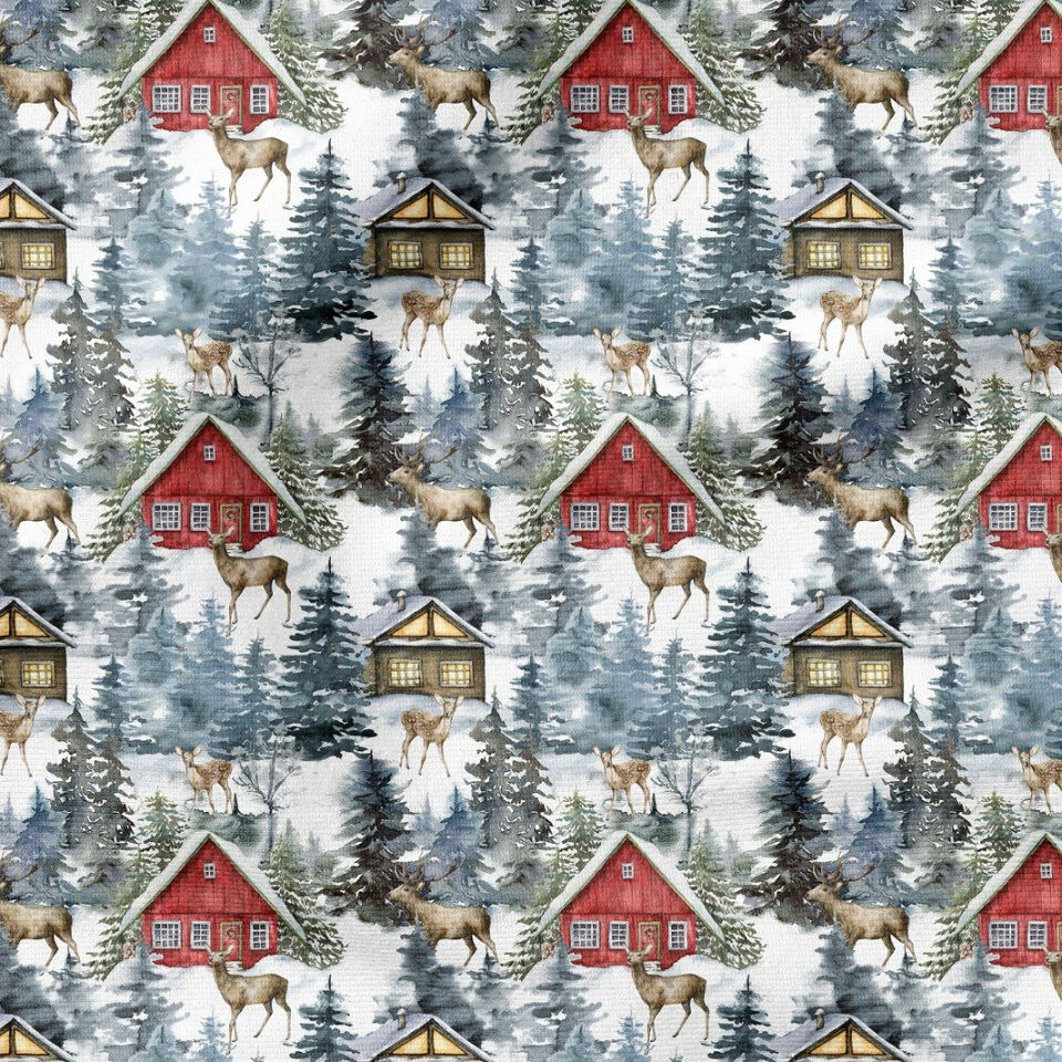 Yılbaşı Koleksiyonu- Winter Wonder Collection, Yılbaşı Beyaz Zemin Üzerine Çatıları Karla Kaplı Orman Evleri, Ren Geyikleri, Kırmızı Kulübeler, Kış Masalı Ağaçları
