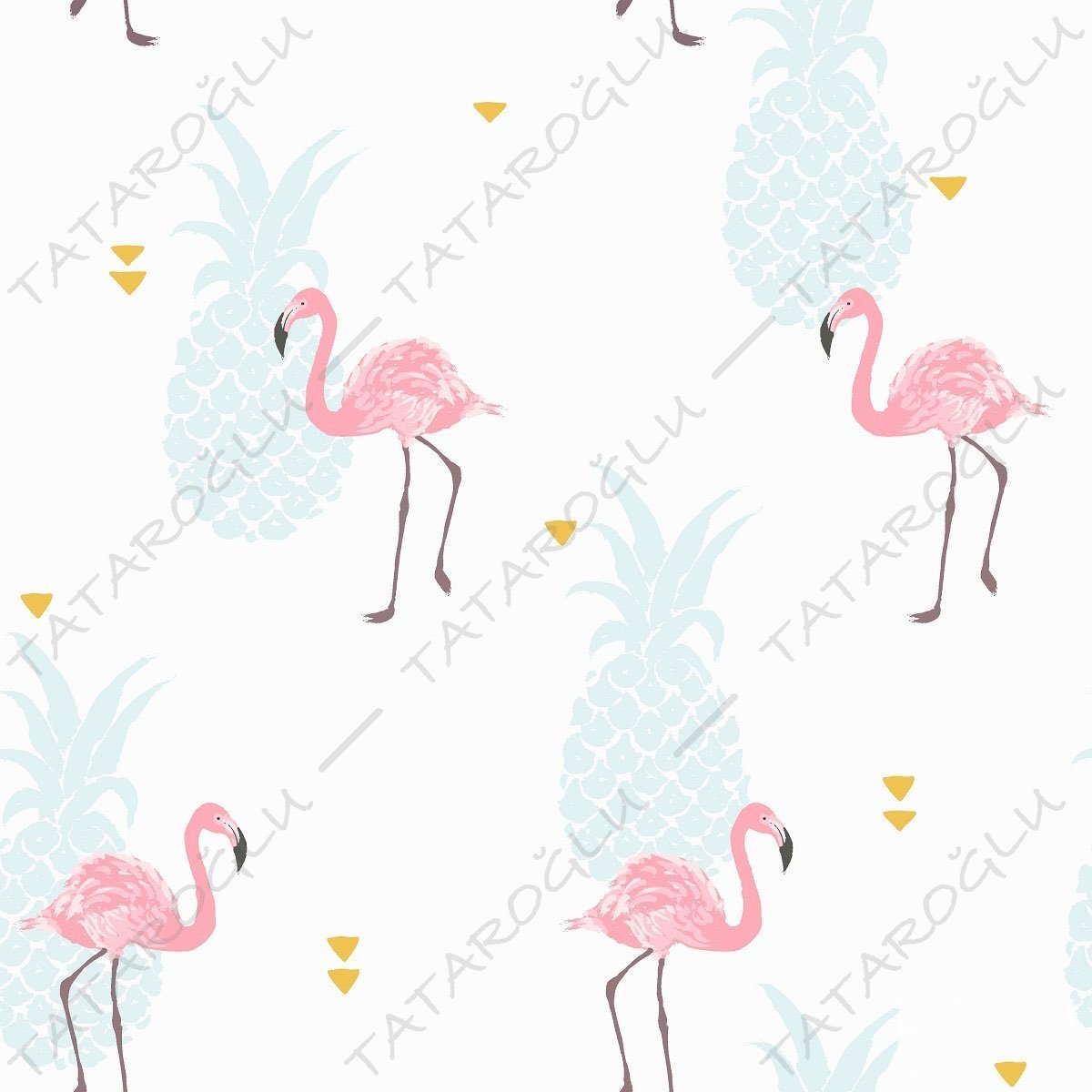Tropical Series-Blue Pineapple Pink Flamingo Patterned Fabric on White Background