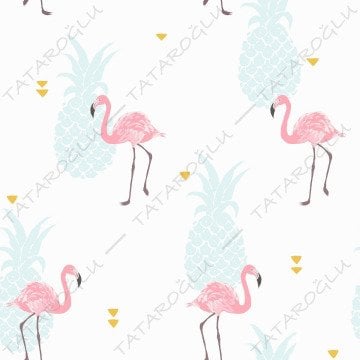 Tropical Series-Blue Pineapple Pink Flamingo Patterned Fabric on White Background