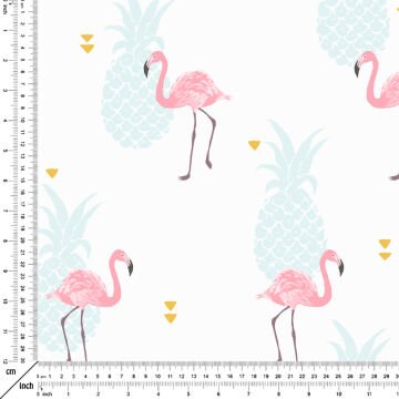 Tropical Series-Blue Pineapple Pink Flamingo Patterned Fabric on White Background