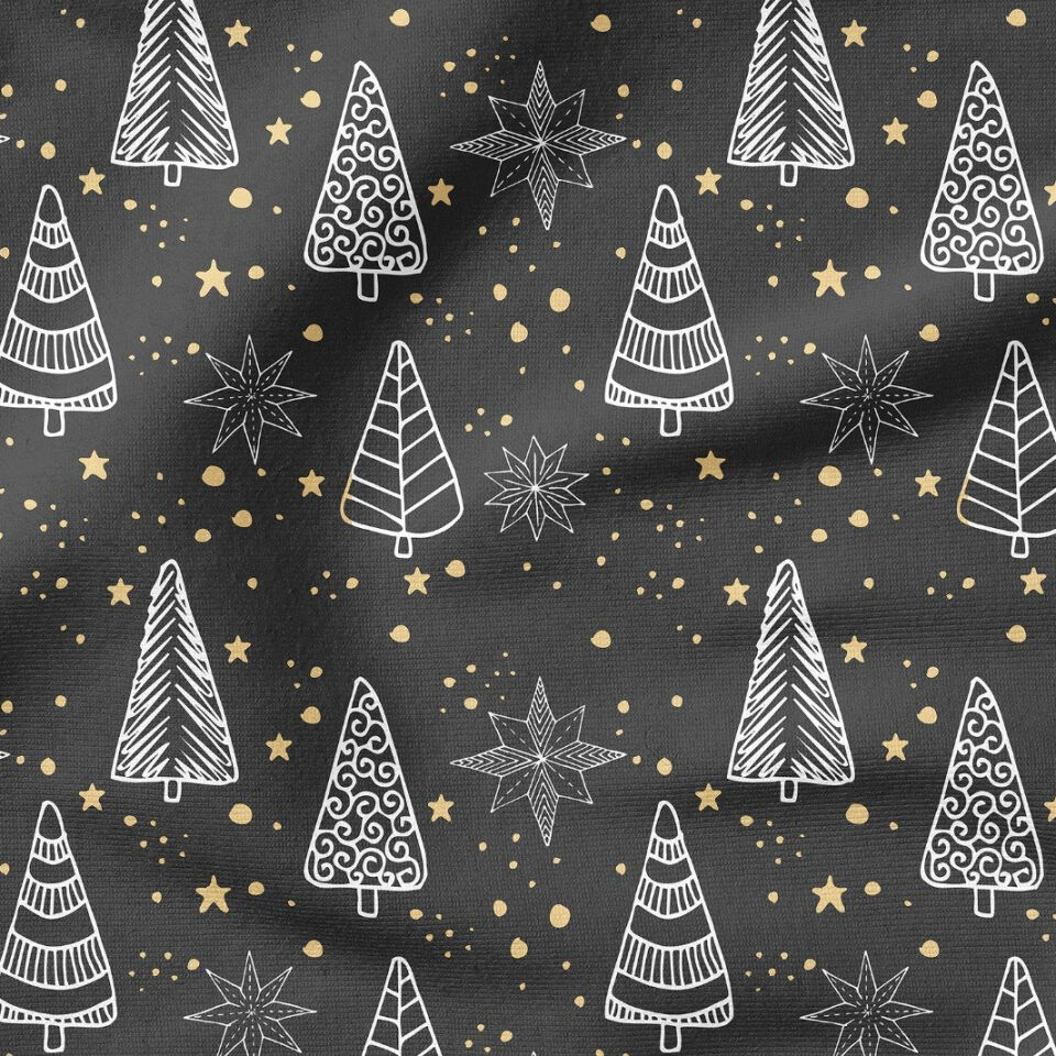 Yılbaşı Koleksiyonu- Winter Wonder Collection, Yılbaşı Siyah Beyaz El Çizimi Gold Renkli Noel Ağaçları, Yıldızlar Desenli Kumaş