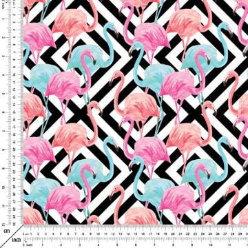 Tropikal Serisi-Siyah Beyaz Çizgili Büyük Pembe Mavi Flamingo Desenli Kumaş