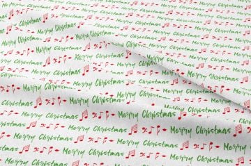 Yılbaşı Koleksiyonu- Winter Wonder Collection, Yılbaşı Kırmızı Yeşil Merry Christmas El Yazısı, Notalar ve Kalpler Desenli Kumaş