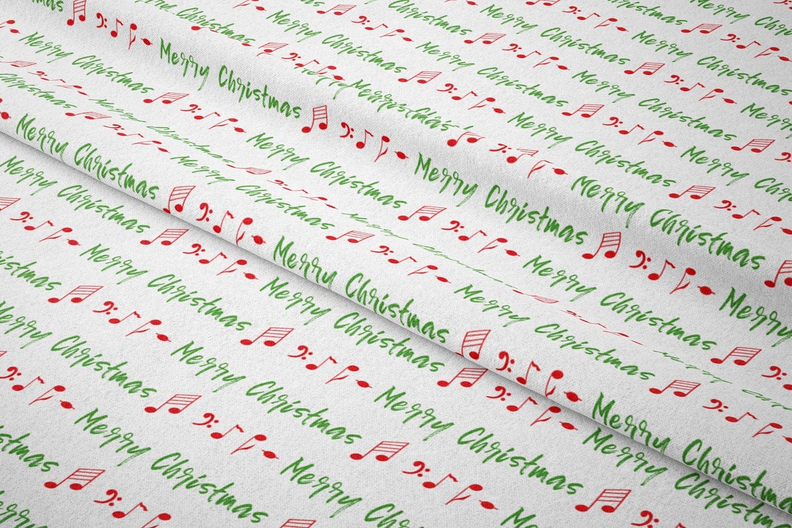 Yılbaşı Koleksiyonu- Winter Wonder Collection, Yılbaşı Kırmızı Yeşil Merry Christmas El Yazısı, Notalar ve Kalpler Desenli Kumaş