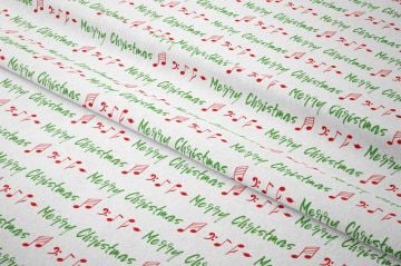 Yılbaşı Koleksiyonu- Winter Wonder Collection, Yılbaşı Kırmızı Yeşil Merry Christmas El Yazısı, Notalar ve Kalpler Desenli Kumaş
