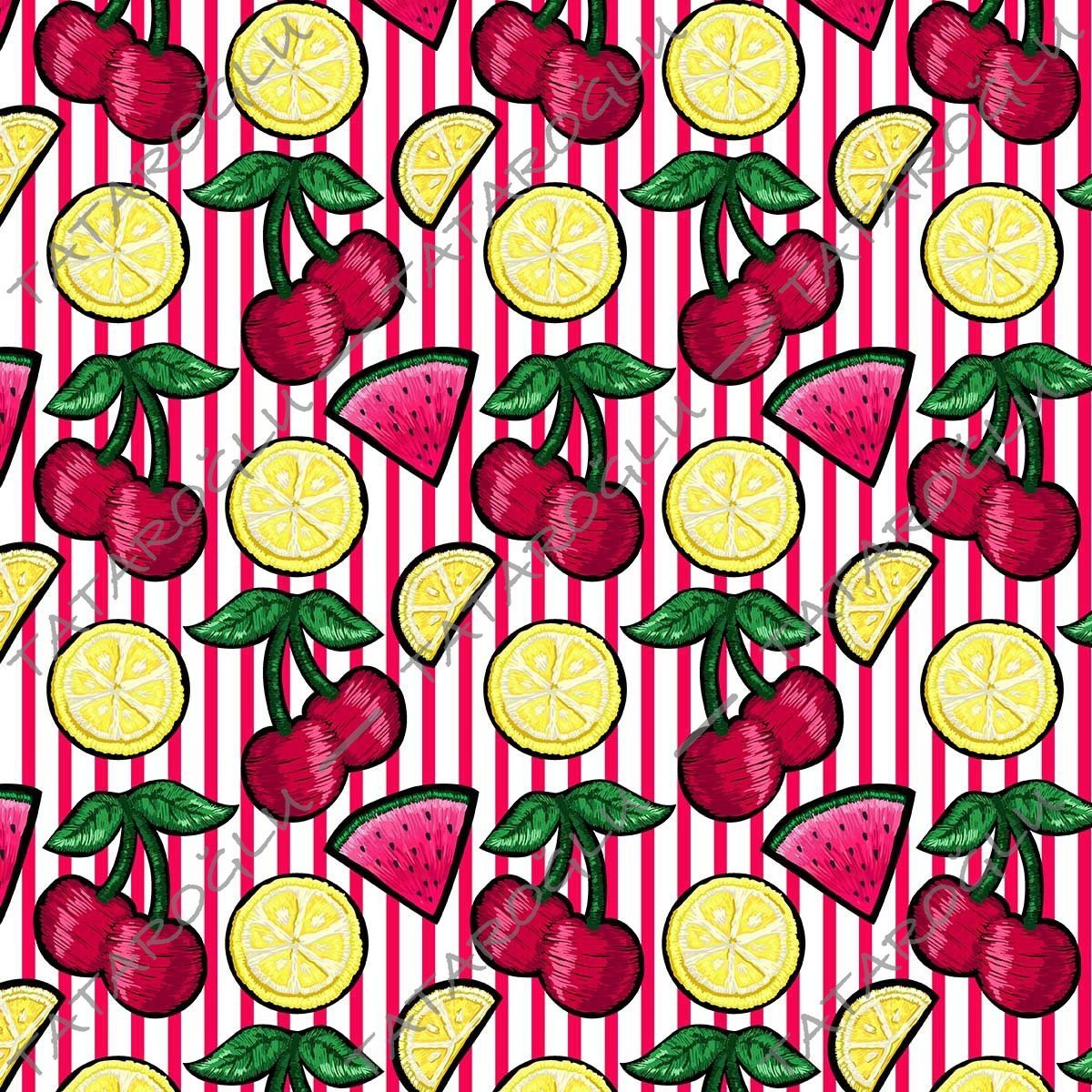 Pink White Striped Cherry Lemon Digital Printed Pattern (FALL SALE)