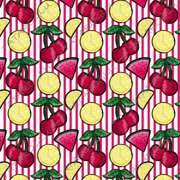 Pembe Beyaz Çizgili Kirazlı Limonlu Dijital Baskılı Desen(SONBAHAR İNDİRİMİ)