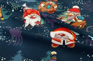 Yılbaşı Koleksiyonu- Winter Wonder Collection, Yılbaşı Lacivert Zeminli Kostümlü Noel Cüceleri, Çam Ağacı ve Geyikler Desenli Kumaş