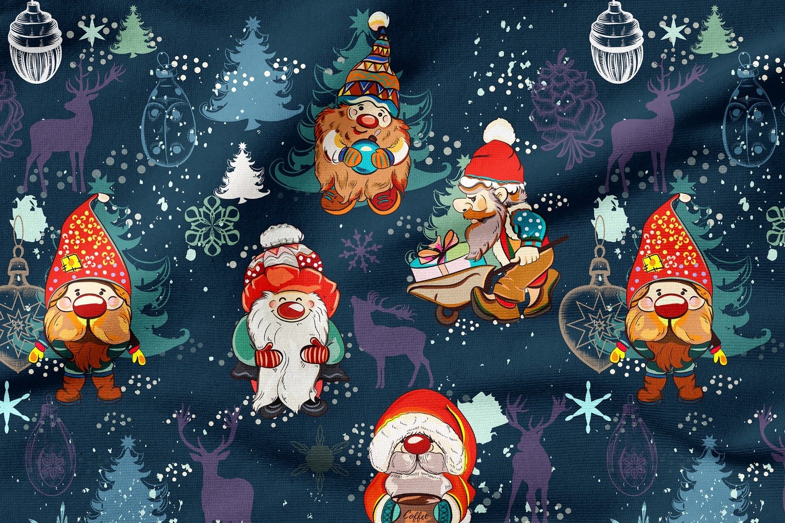Yılbaşı Koleksiyonu- Winter Wonder Collection, Yılbaşı Lacivert Zeminli Kostümlü Noel Cüceleri, Çam Ağacı ve Geyikler Desenli Kumaş