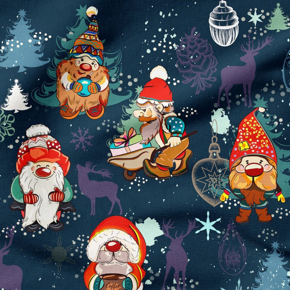 Yılbaşı Koleksiyonu- Winter Wonder Collection, Yılbaşı Lacivert Zeminli Kostümlü Noel Cüceleri, Çam Ağacı ve Geyikler Desenli Kumaş