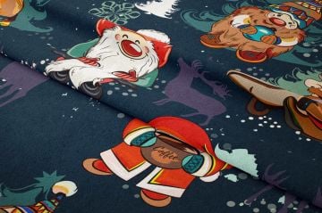 Yılbaşı Koleksiyonu- Winter Wonder Collection, Yılbaşı Lacivert Zeminli Kostümlü Noel Cüceleri, Çam Ağacı ve Geyikler Desenli Kumaş