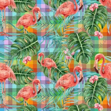 Tropikal Serisi-Renkli Ekose Zemin Üzerine Flamingo Desenli Dijital Baskılı Kumaş