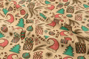 Yılbaşı Koleksiyonu- Winter Wonder Collection, Yılbaşı Retro El Çizimi Yılbaşı Çam Ağacı Süsleri, Hediye Paketleri, Kırmızı Beyaz Baston Şeker Desenli Kumaş