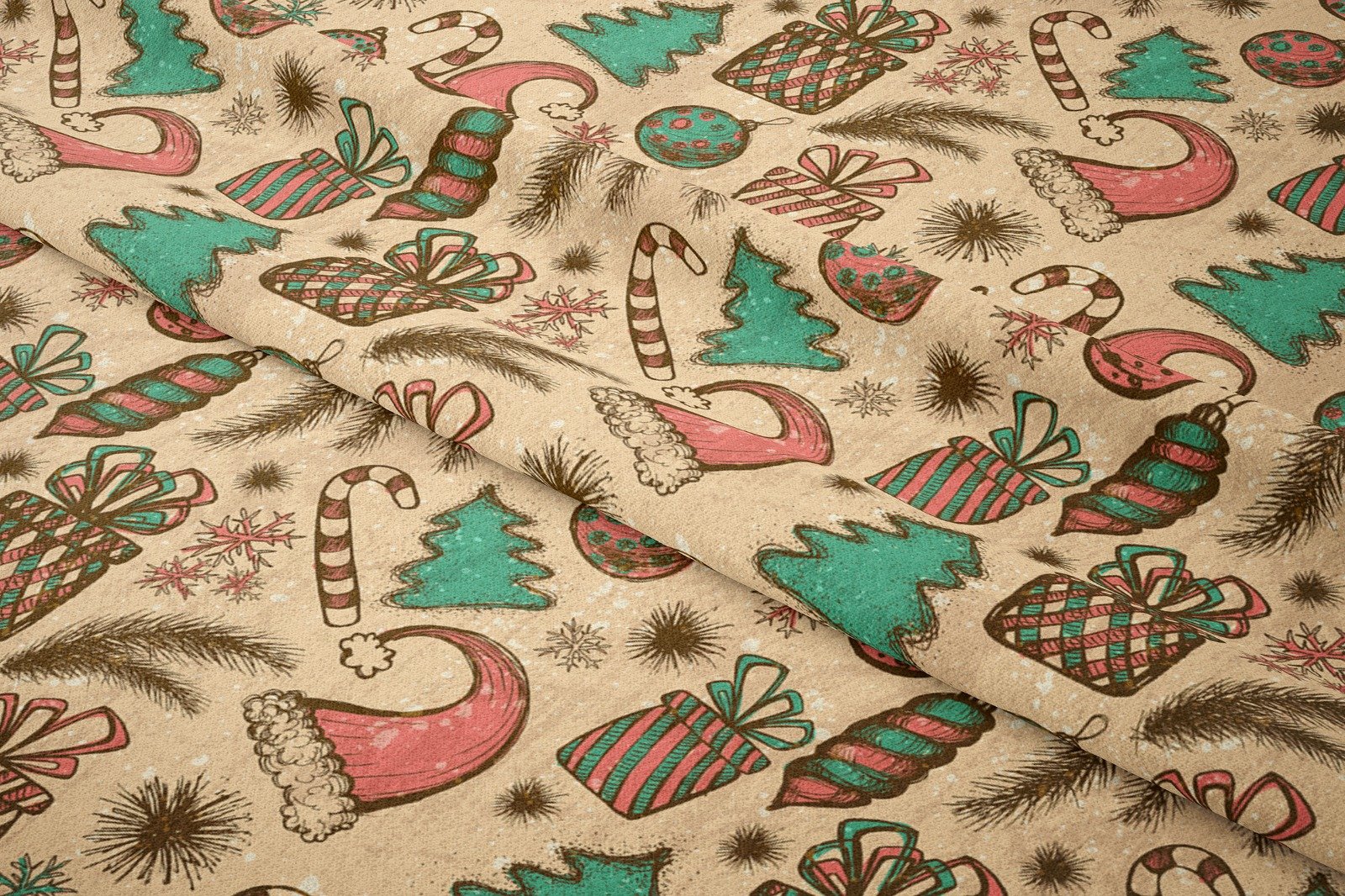 Yılbaşı Koleksiyonu- Winter Wonder Collection, Yılbaşı Retro El Çizimi Yılbaşı Çam Ağacı Süsleri, Hediye Paketleri, Kırmızı Beyaz Baston Şeker Desenli Kumaş