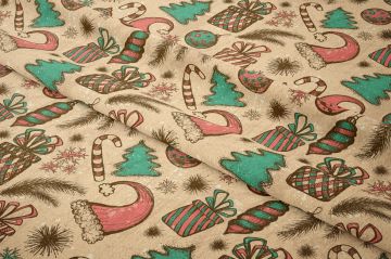 Yılbaşı Koleksiyonu- Winter Wonder Collection, Yılbaşı Retro El Çizimi Yılbaşı Çam Ağacı Süsleri, Hediye Paketleri, Kırmızı Beyaz Baston Şeker Desenli Kumaş