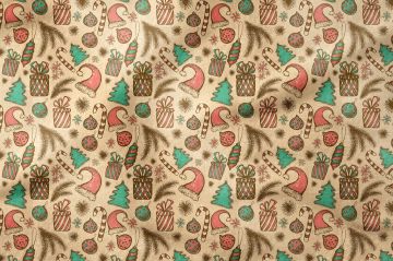 Yılbaşı Koleksiyonu- Winter Wonder Collection, Yılbaşı Retro El Çizimi Yılbaşı Çam Ağacı Süsleri, Hediye Paketleri, Kırmızı Beyaz Baston Şeker Desenli Kumaş