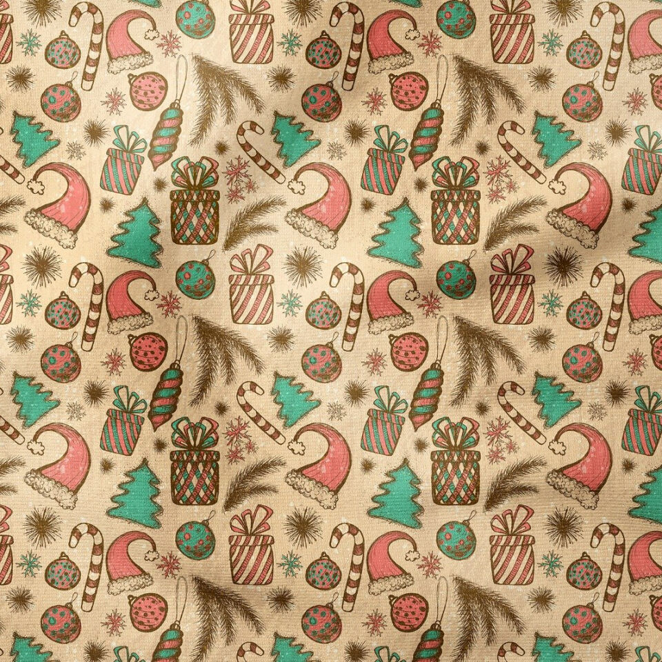 Yılbaşı Koleksiyonu- Winter Wonder Collection, Yılbaşı Retro El Çizimi Yılbaşı Çam Ağacı Süsleri, Hediye Paketleri, Kırmızı Beyaz Baston Şeker Desenli Kumaş