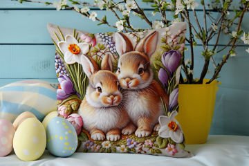 Happy Easter / Paskalya Koleksiyonu - Paskalya Tavşanları 2'li Kırlent Paneli Dikilmemiş Kumaş