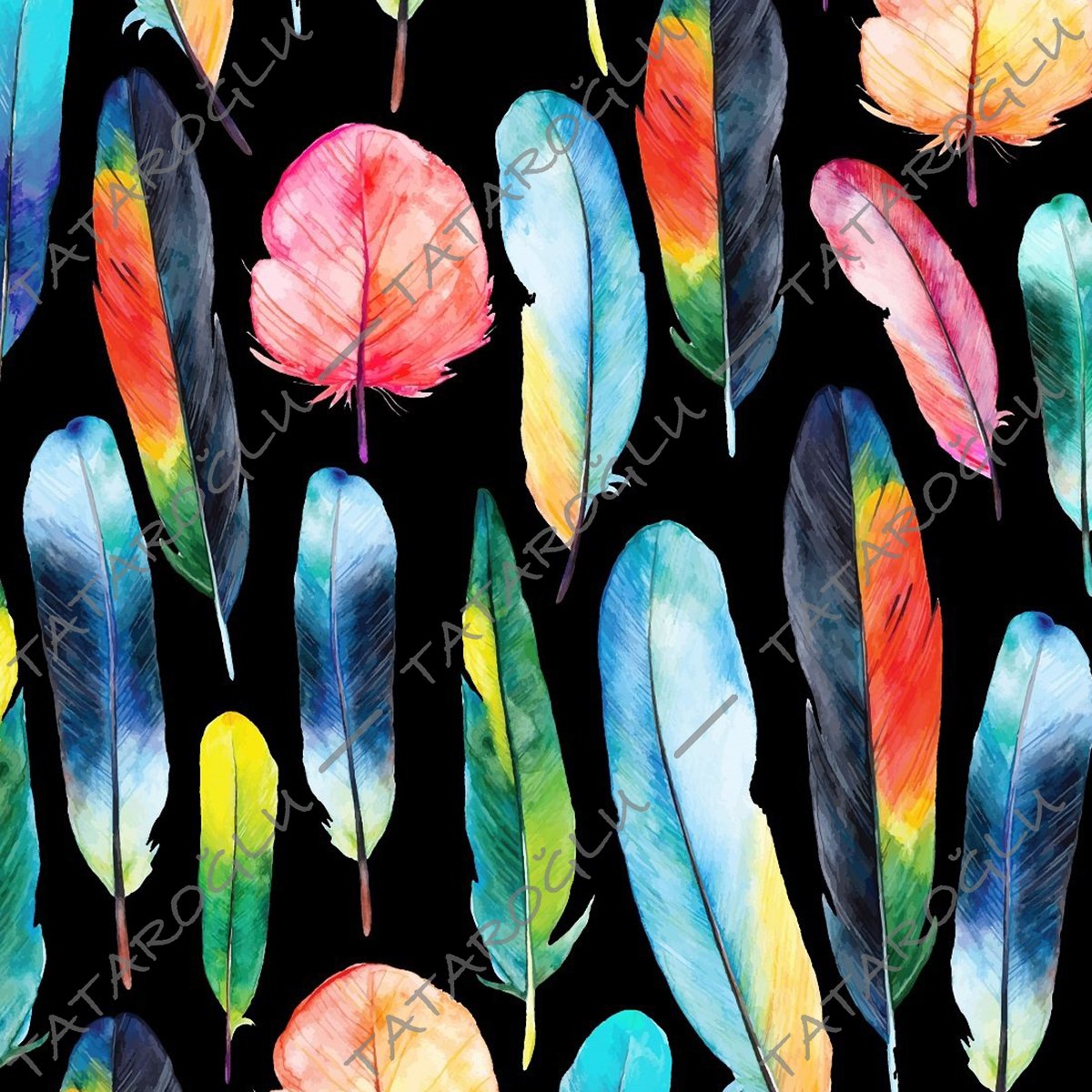 Siyah Zemin Üzerine Renkli Kuş Tüyü Desenli Kumaş