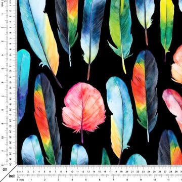 Siyah Zemin Üzerine Renkli Kuş Tüyü Desenli Kumaş