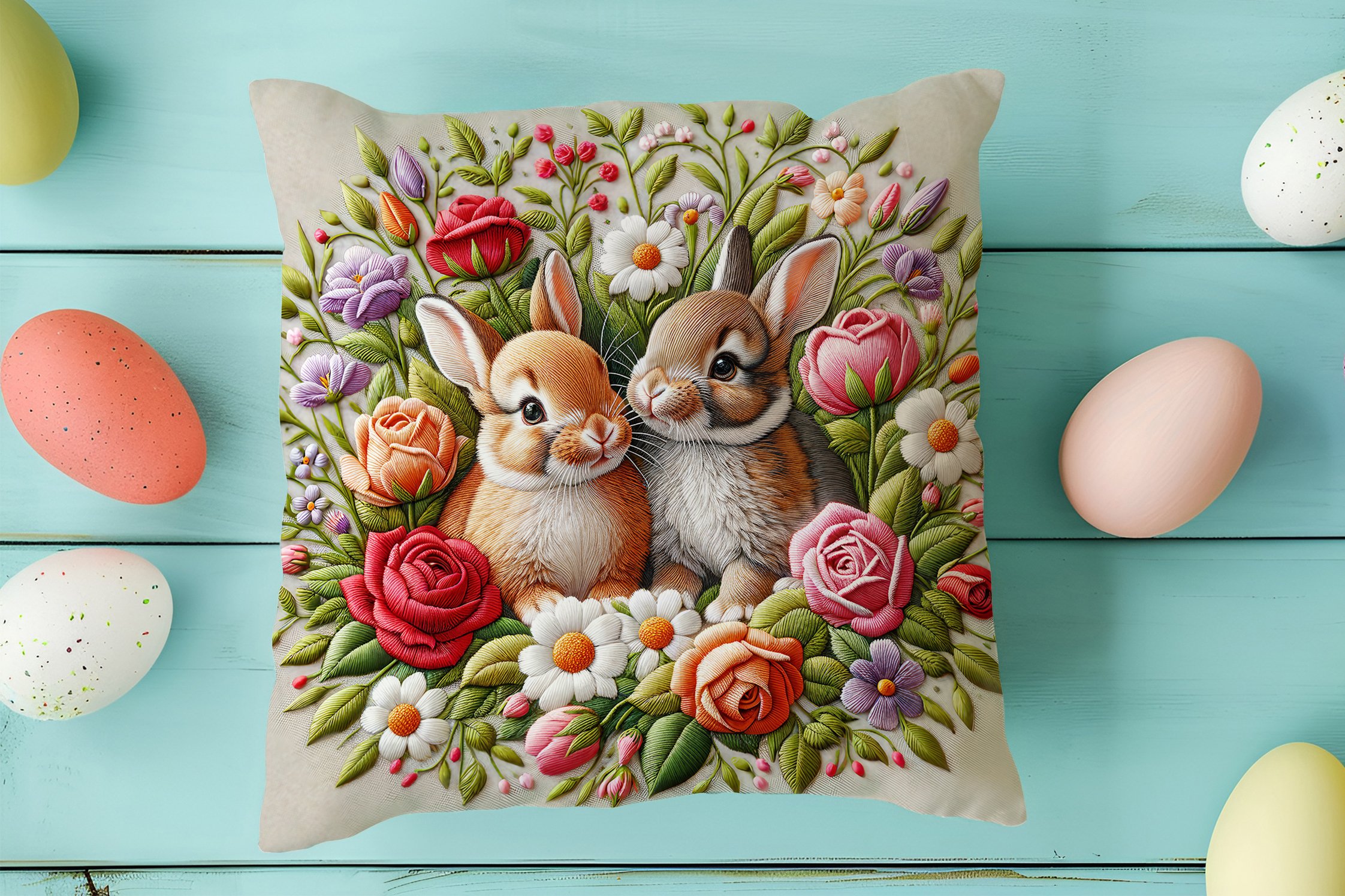 Happy Easter / Paskalya Koleksiyonu - Paskalya Tavşanları 2'li Kırlent Paneli Dikilmemiş Kumaş